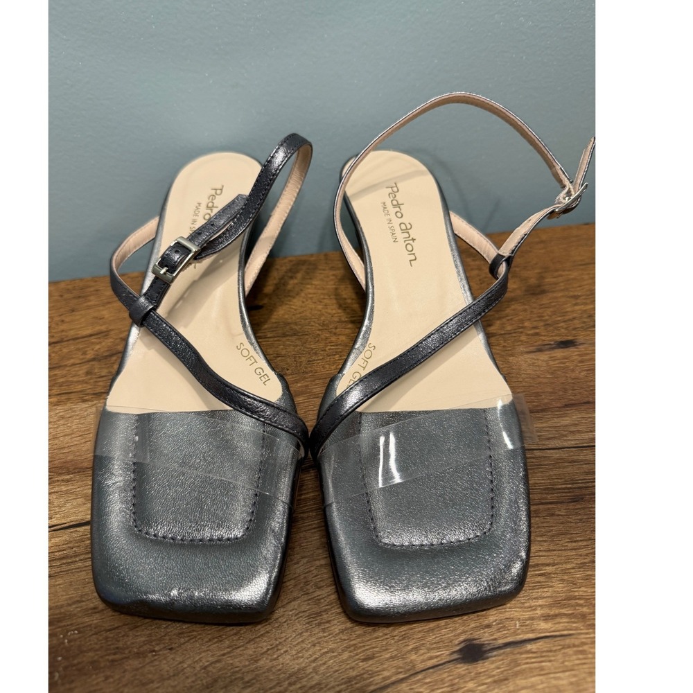 Pedro Anton Metallic Pewter Square Toe‎ Slingback Kitten Heels Made in Spain 38